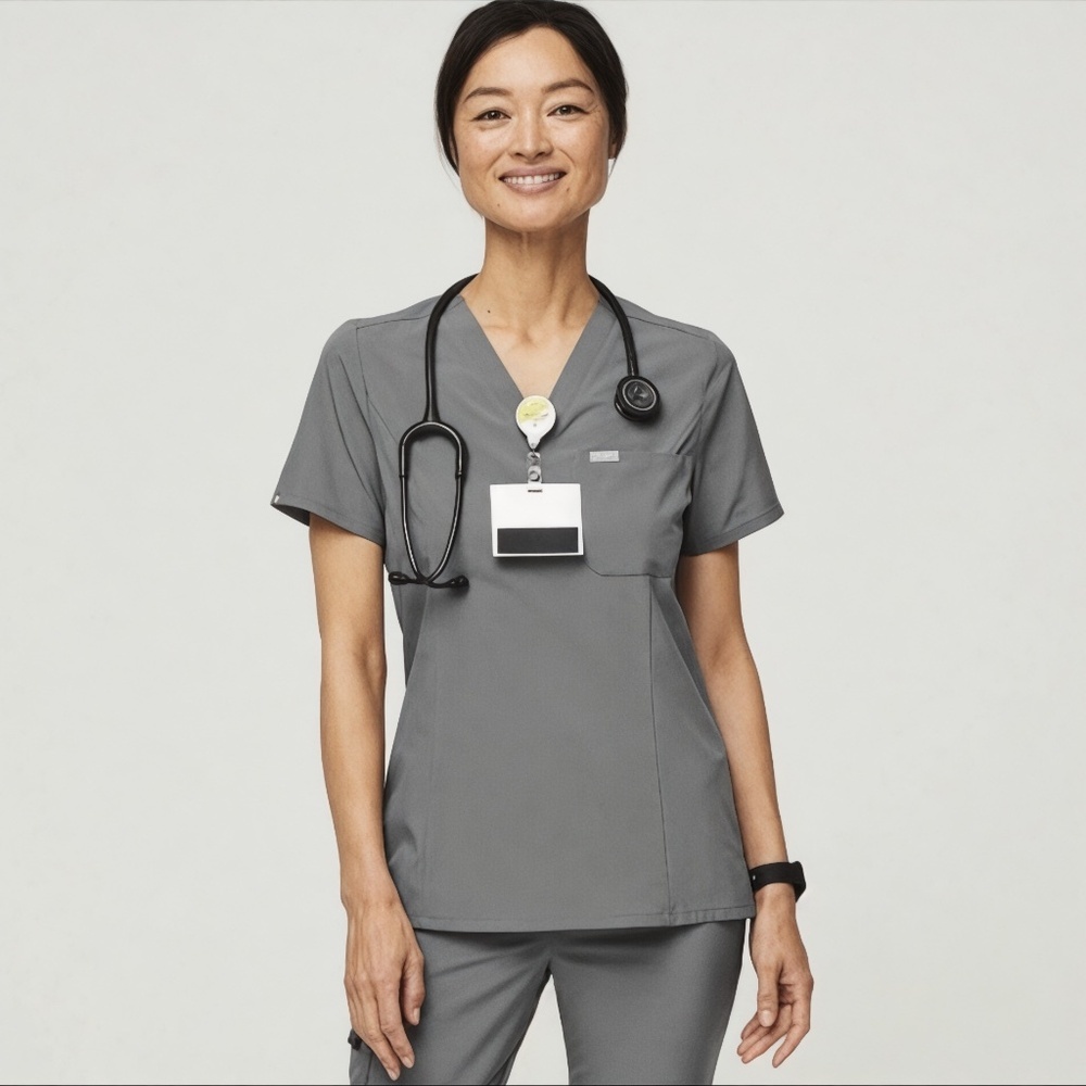 FIGS Catarina Slim Scrub Top (JUST TOP) in Dark Gray Size L